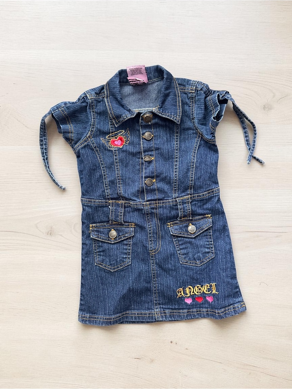 Kids Denim Dress with Embroidered Heart & Angel Detail - Blue